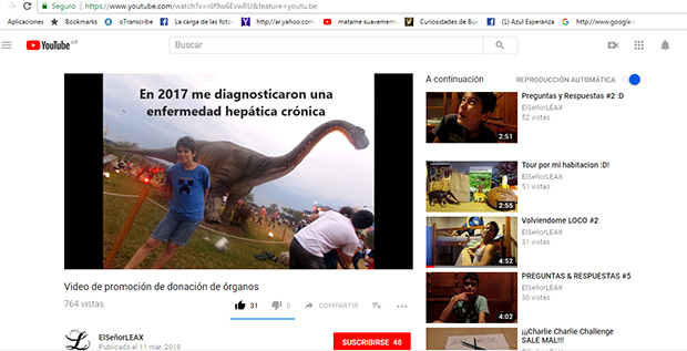 Tiene trece años, espera un trasplante, es youtuber y promueve la donación de órganos